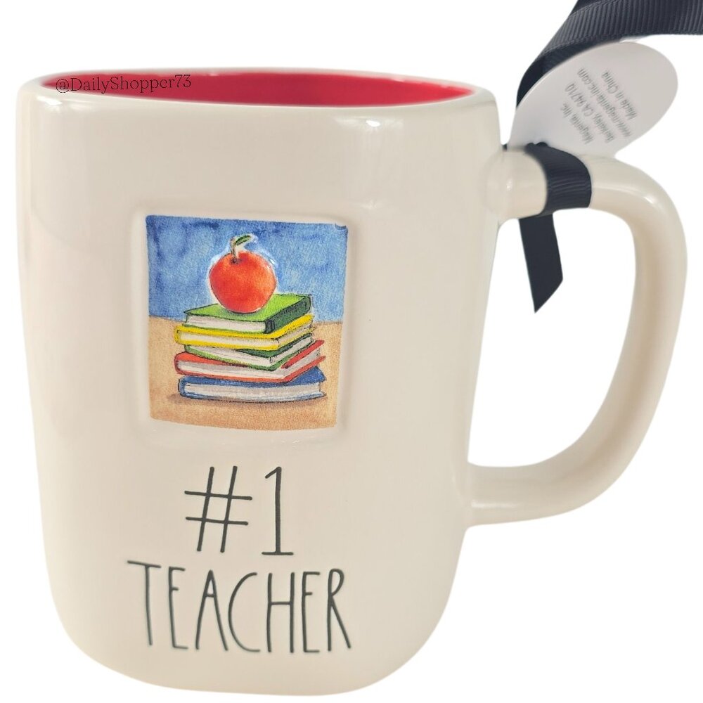 Rae Dunn "#1 Teacher" Watercolor Books and Apple Ceramic Coffee Mug